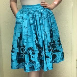 BELLA VINTAGE GATHERED SWING SKIRT IN BLUE FAIRY TALE CASTLE PRINT